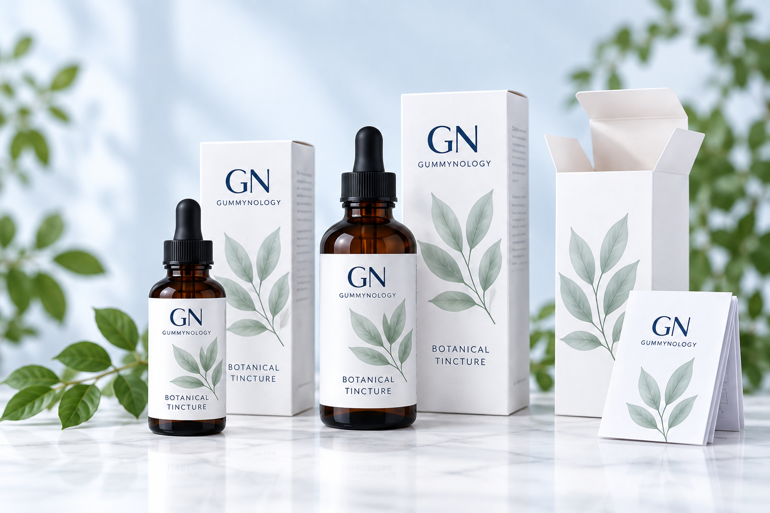 GN concept packaging: two sizes of amber dropper bottles, coordinated cartons and a folded leaflet
